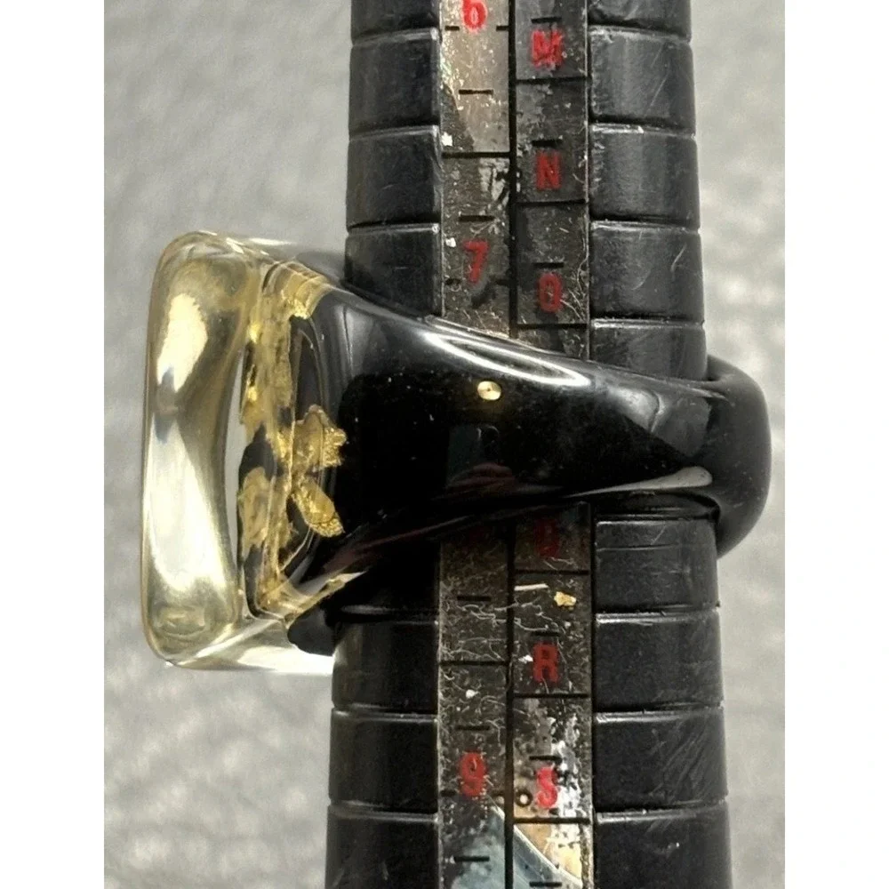 Vintage Mod Pop Art Black Gold Tone Color Lucite Abstract Statement Ring Size 8